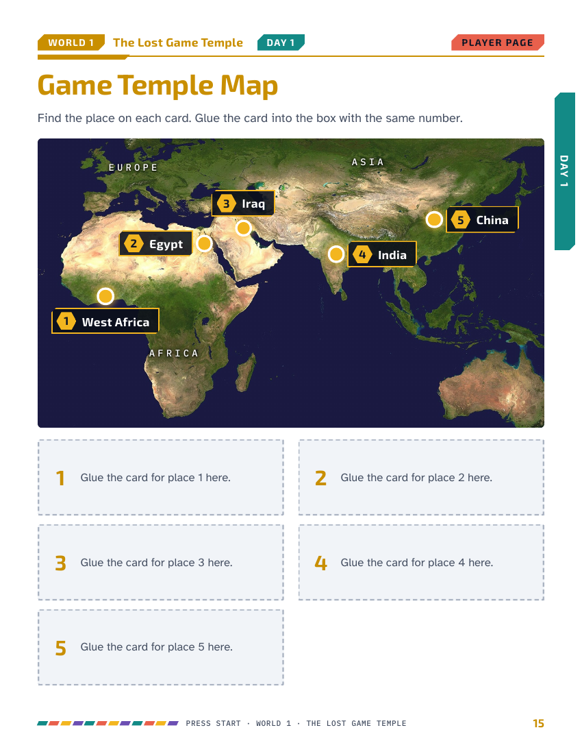 Game Temple Map worksheet locating places associated with five ancient games across Africa and Asia