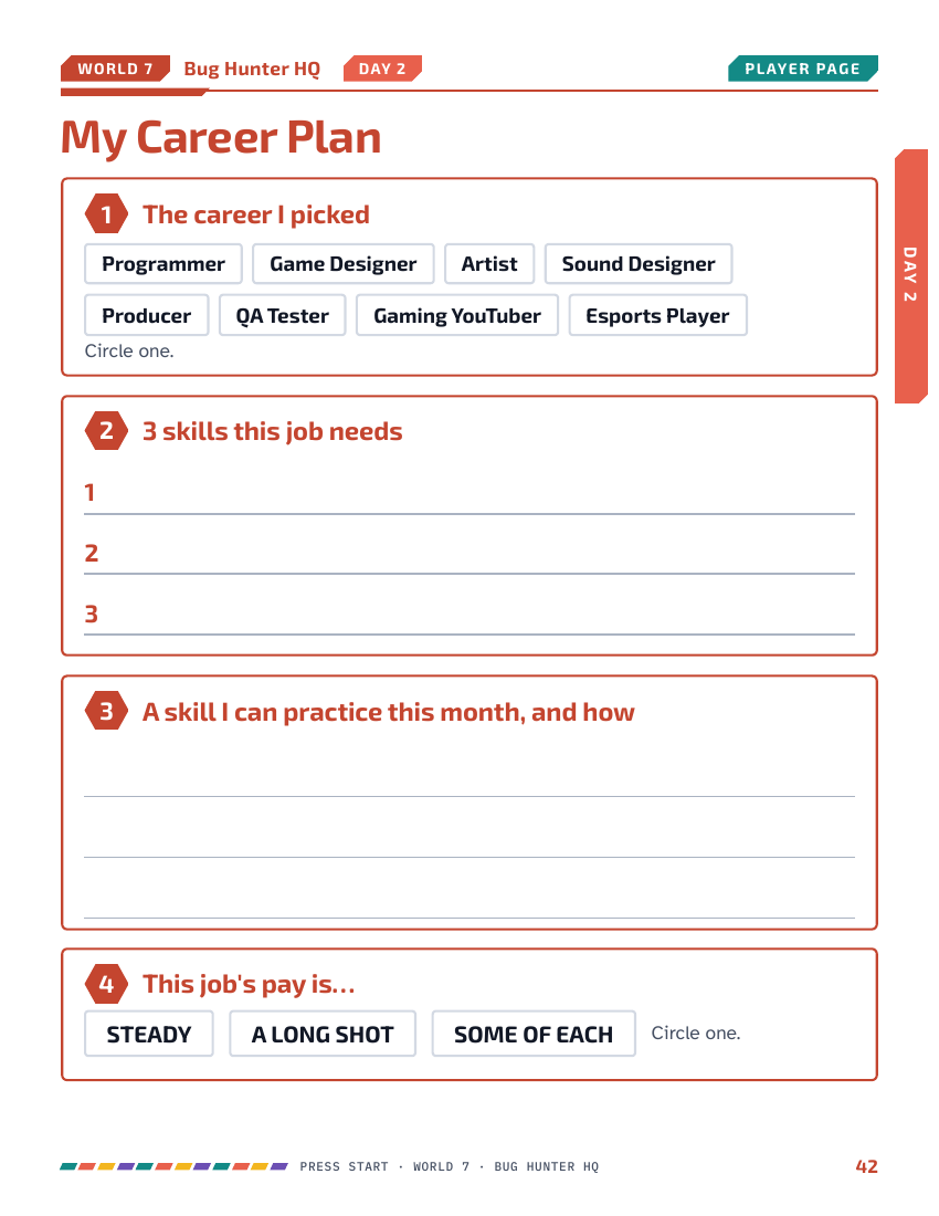 My Career Plan worksheet for choosing a gaming career, identifying three skills and planning one skill to practice