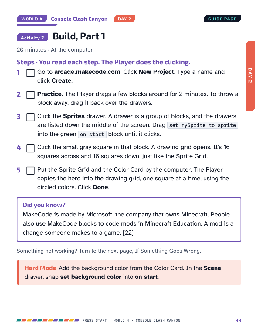 Guide page with numbered steps for starting a game in MakeCode Arcade