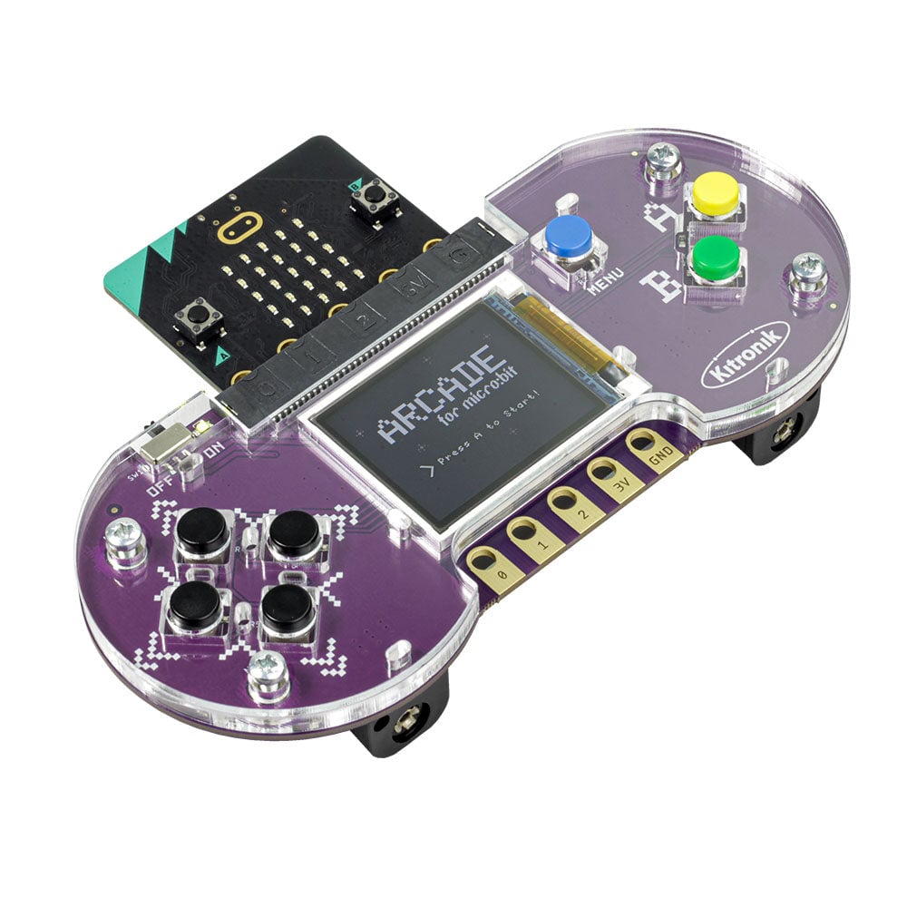 Kitronik ARCADE 56116 handheld with a micro:bit inserted, directional buttons and a startup screen