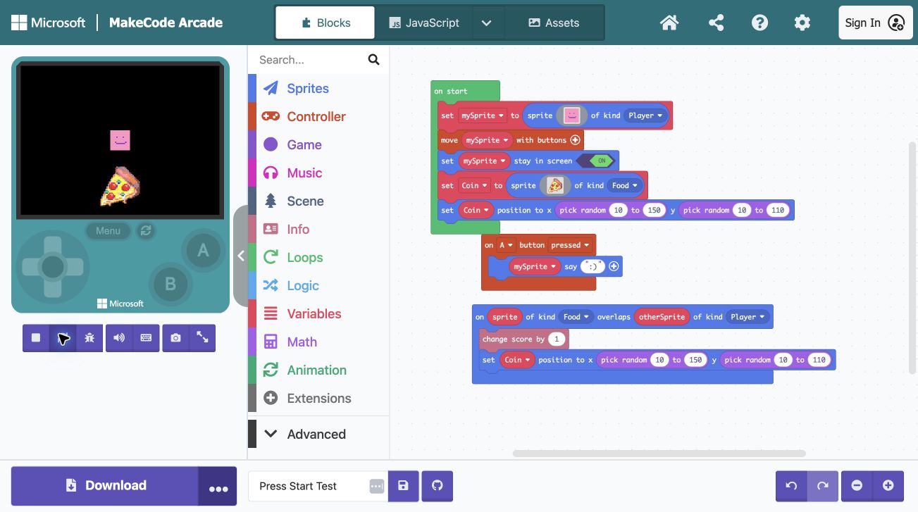 MakeCode Arcade example with a pink character and pizza in the simulator beside blocks for movement, button presses and scoring