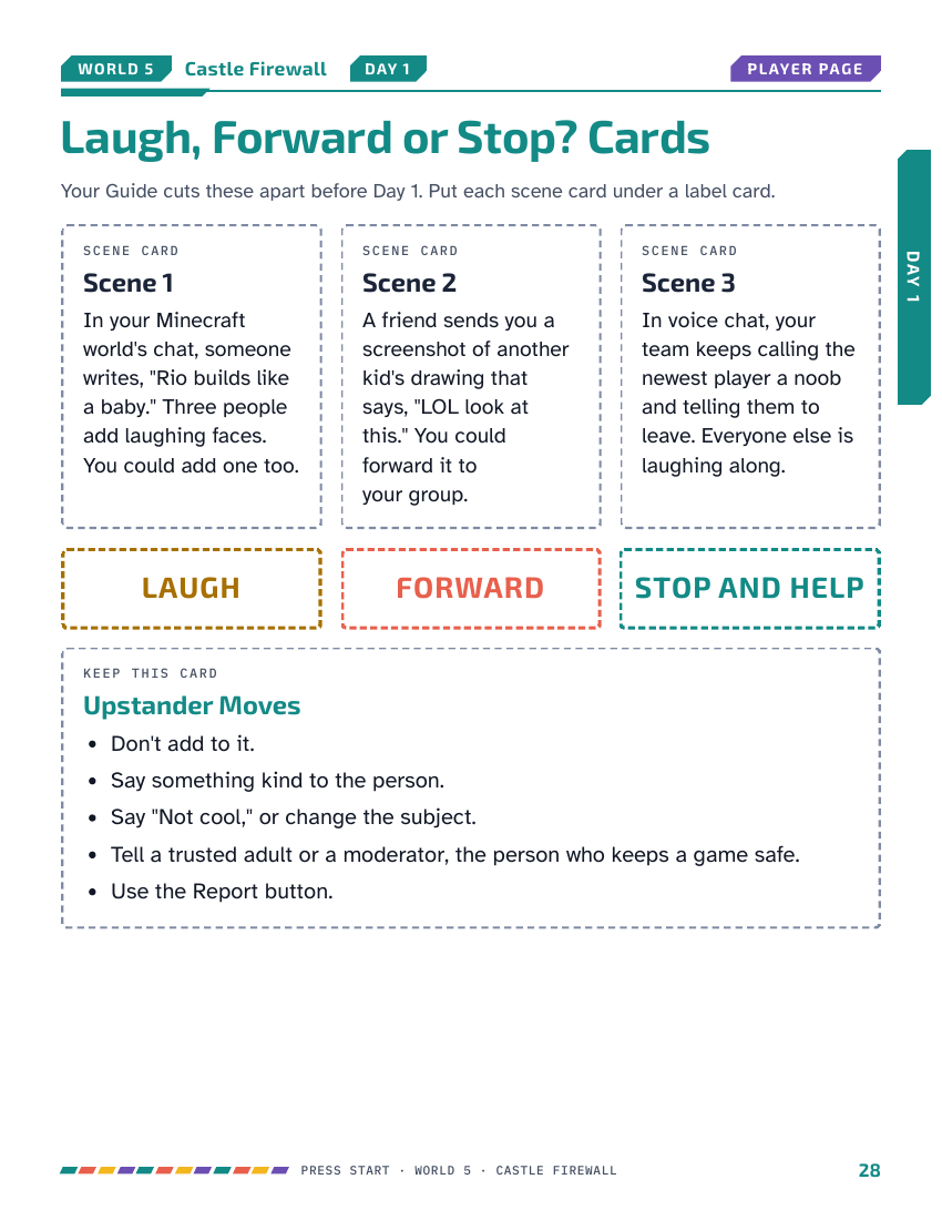 Scenario cards about unkind jokes, sharing messages and standing up for others online