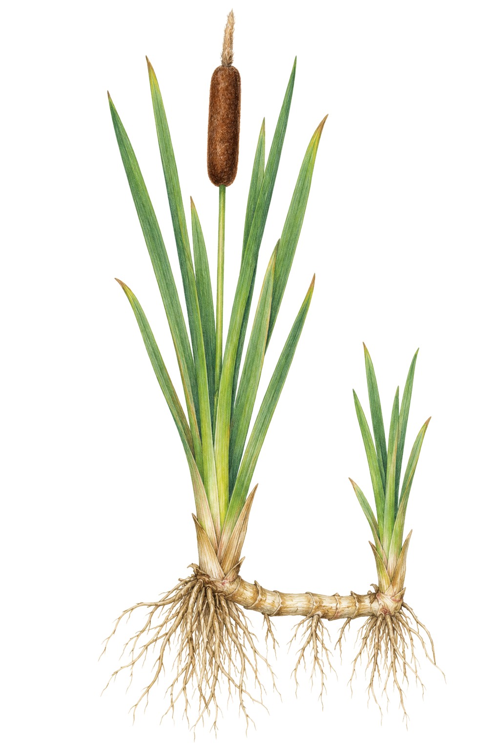 Botanical illustration of a cattail, including its roots