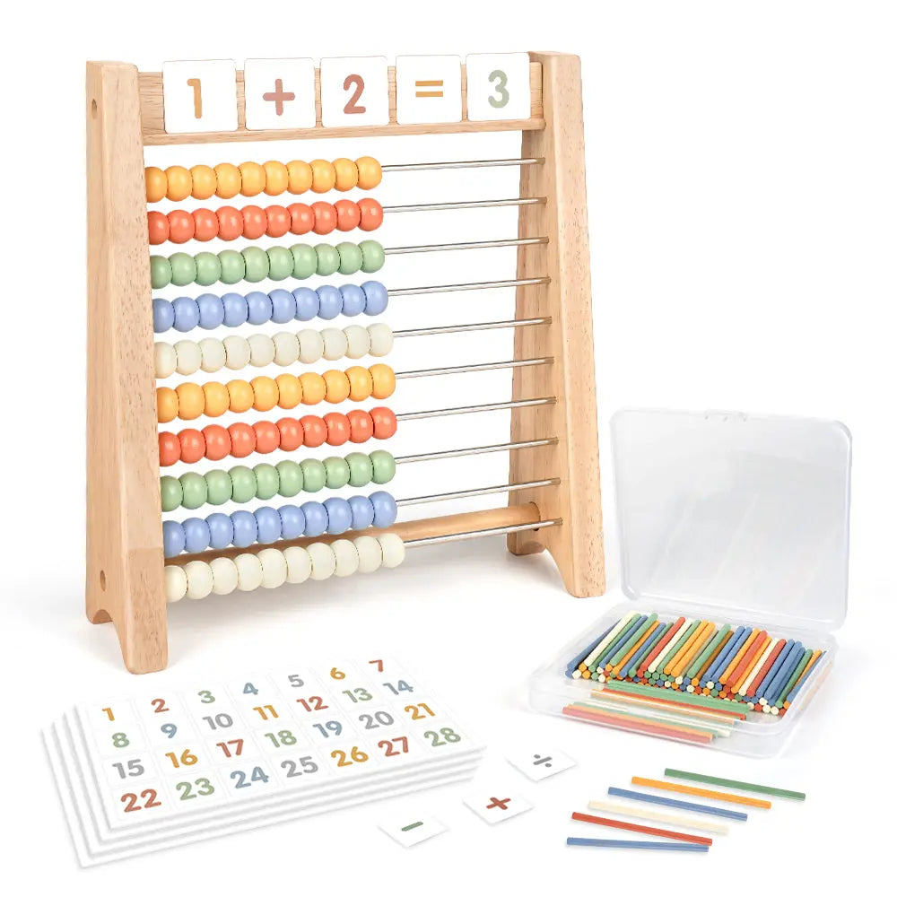 Wooden abacus set, Vanplay · 100 counting sticks · 112 math cards