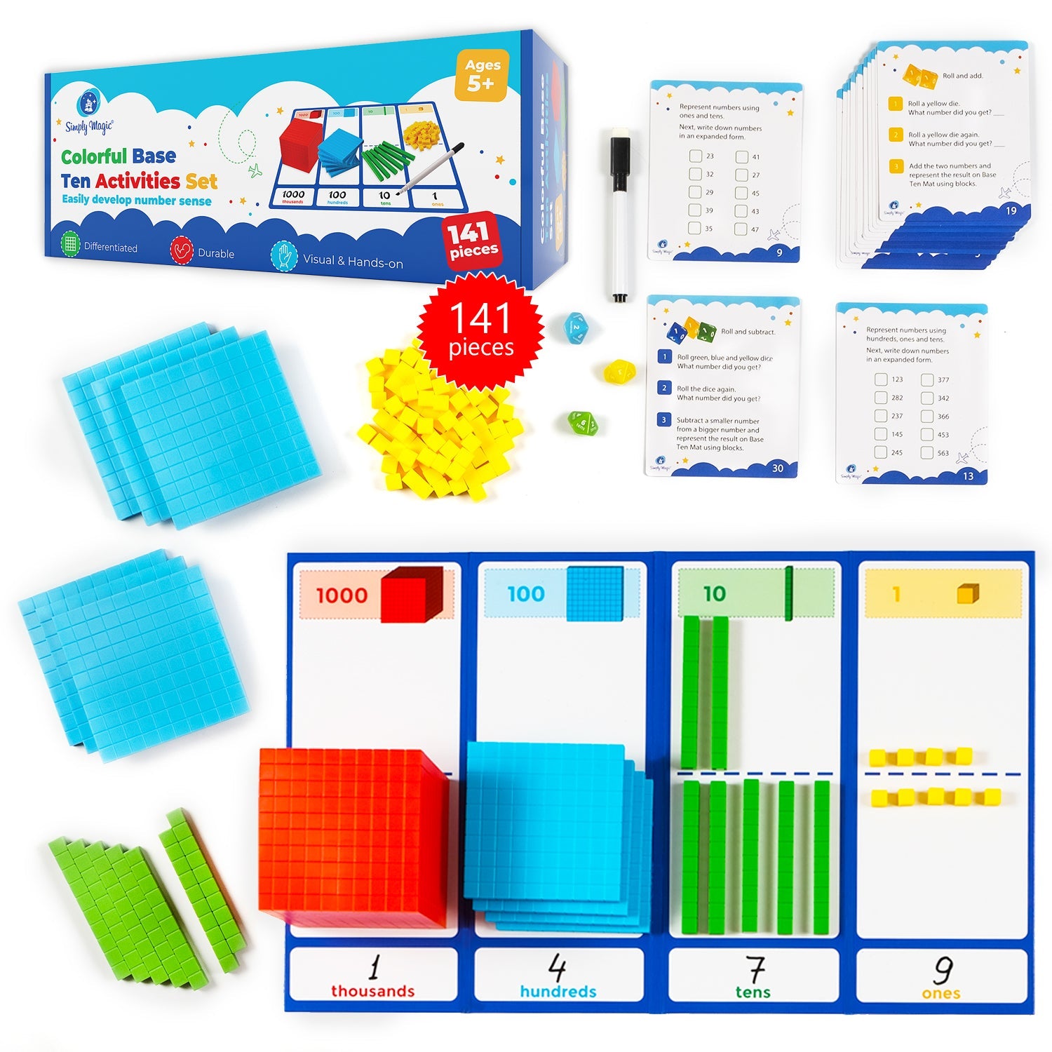 Base-ten blocks & place-value mat, Simply Magic · 141-piece set