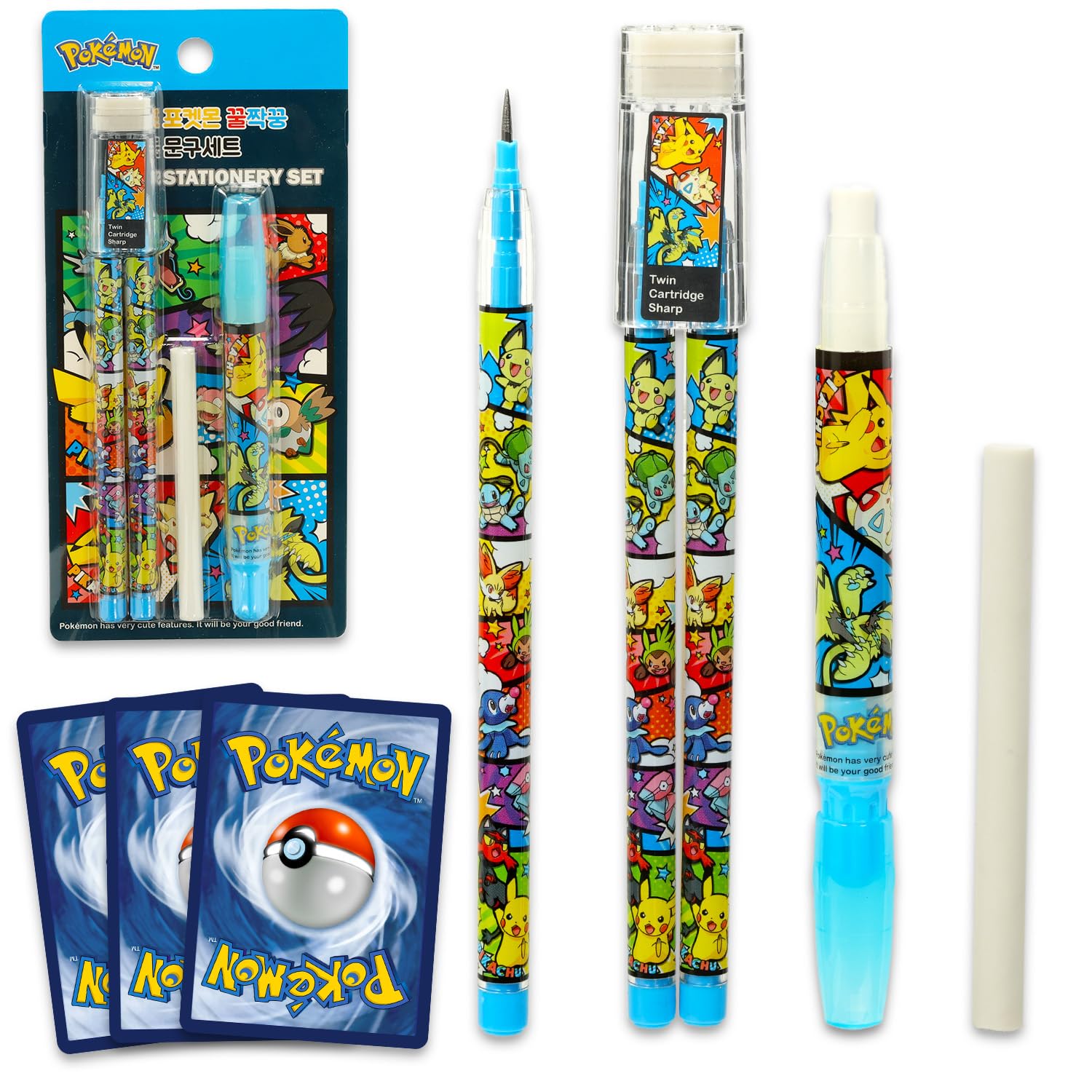 Pokémon pencil and eraser bundle with three common cards