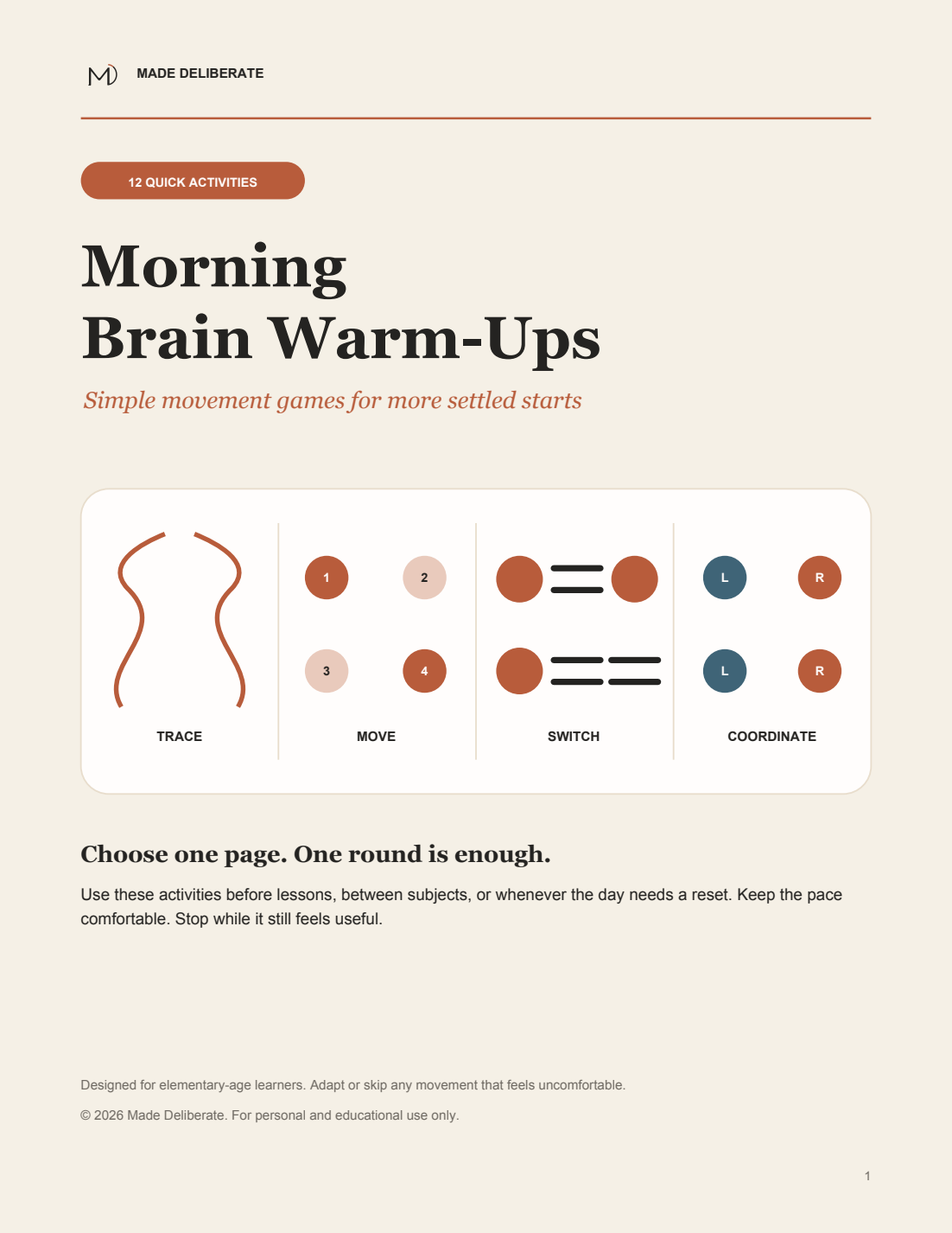 Full 12-activity Morning Brain Warm-Ups printable cover